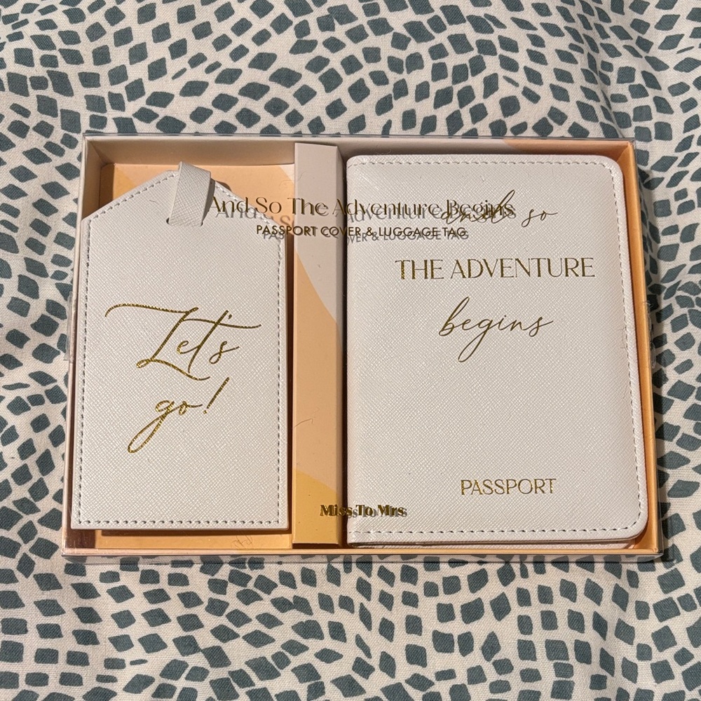 White and Gold Passport Cover and Luggage Tag Set